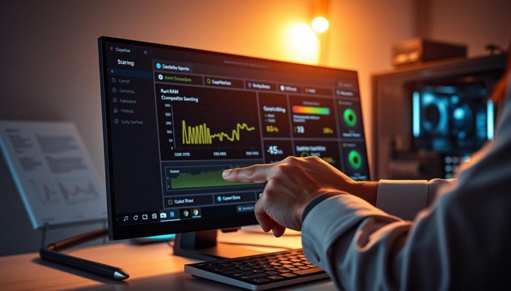A close-up view of a computer desk featuring a sleek, modern PC setup surrounded by a warm glow of soft lighting. In the foreground, a high-resolution screen is displaying a RAM compatibility scanning software interface, showing detailed graphs and system specifications. In the middle ground, a pair of hands, dressed in professional attire, interact with the interface, pointing towards the screen with focused concentration. The background consists of a softly blurred, stylishly organized workspace, with technical manuals and computer components subtly hinted at, creating a tech-savvy atmosphere. The overall mood is one of innovation and professionalism, capturing the essence of utilizing advanced tools to enhance computer performance. A close-up view of a computer desk featuring a sleek, modern PC setup surrounded by a warm glow of soft lighting. In the foreground, a high-resolution screen is displaying a RAM compatibility scanning software interface, showing detailed graphs and system specifications. In the middle ground, a pair of hands, dressed in professional attire, interact with the interface, pointing towards the screen with focused concentration. The background consists of a softly blurred, stylishly organized workspace, with technical manuals and computer components subtly hinted at, creating a tech-savvy atmosphere. The overall mood is one of innovation and professionalism, capturing the essence of utilizing advanced tools to enhance computer performance.