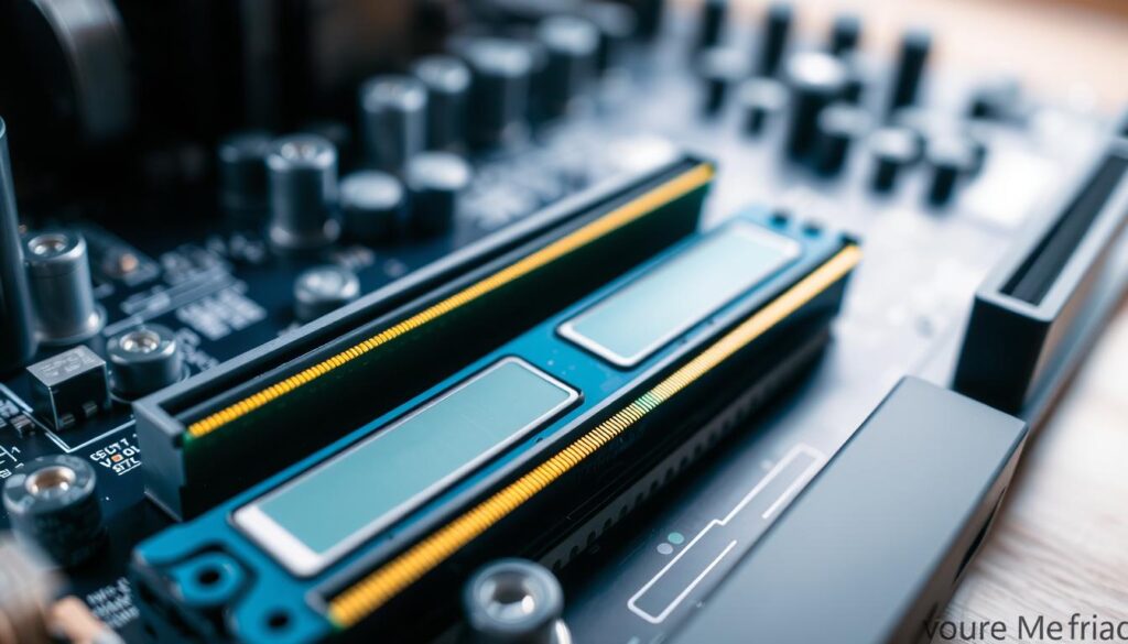 A close-up view of a computer motherboard showcasing several brightly colored RAM memory slots. The image focuses on two empty slots, waiting for new memory modules to be installed, with highlighted gold connectors. The surrounding circuitry is in shades of dark blue and black, creating a high-tech atmosphere. Soft, focused lighting highlights the fine details of the memory slots, giving a clean and professional look. The background is slightly blurred to keep attention on the memory slots, with a hint of additional components like capacitors and heat sinks visible. The mood is technical and informative, evoking the precision of computer hardware installation. The scene is void of any text, logos, or watermarks.