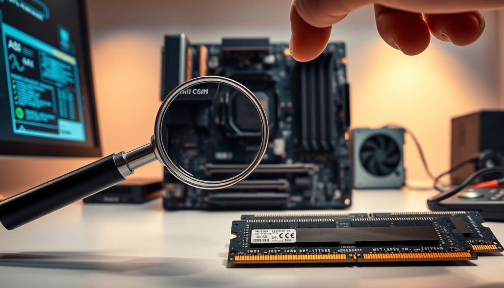 A close-up view of a high-tech workspace featuring a motherboard on a sleek desk, with individual RAM sticks neatly arranged beside it. In the foreground, a hand holding a magnifying glass hovers over the RAM, inspecting it for compatibility. The middle ground showcases a clear layout of essential components, such as a CPU and power supply, along with detailed labels indicating specifications. In the background, soft, diffused lighting illuminates the workspace, creating a warm, focused atmosphere. The lens is slightly angled downward, emphasizing the intricate details while maintaining a professional aesthetic. The overall mood is analytical and methodical, conveying the importance of precision in the RAM compatibility check process. A close-up view of a high-tech workspace featuring a motherboard on a sleek desk, with individual RAM sticks neatly arranged beside it. In the foreground, a hand holding a magnifying glass hovers over the RAM, inspecting it for compatibility. The middle ground showcases a clear layout of essential components, such as a CPU and power supply, along with detailed labels indicating specifications. In the background, soft, diffused lighting illuminates the workspace, creating a warm, focused atmosphere. The lens is slightly angled downward, emphasizing the intricate details while maintaining a professional aesthetic. The overall mood is analytical and methodical, conveying the importance of precision in the RAM compatibility check process.