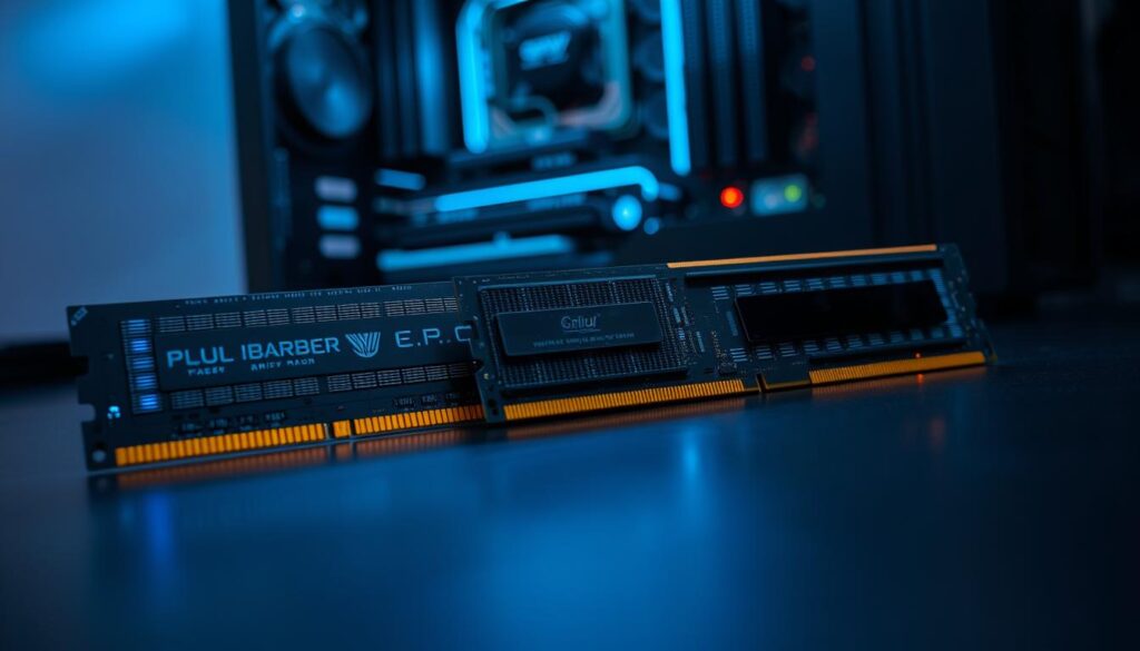 A close-up view of a set of RAM sticks laid out on a sleek black surface, showcasing their intricate circuitry and glowing LED lights. The foreground features two different brands of RAM side by side, one with a larger heat spreader and another with a compact design, emphasizing the contrast in size and style. In the middle ground, a partially open computer case reveals a motherboard with matching slots, illustrating their installation. The background includes soft, ambient lighting to highlight the technical details and textures of the RAM sticks, creating a professional and modern atmosphere. The angle should be slightly tilted to capture depth and focus on the RAM sticks while blurring the motherboard subtly, evoking a sense of precision and optimization. A close-up view of a set of RAM sticks laid out on a sleek black surface, showcasing their intricate circuitry and glowing LED lights. The foreground features two different brands of RAM side by side, one with a larger heat spreader and another with a compact design, emphasizing the contrast in size and style. In the middle ground, a partially open computer case reveals a motherboard with matching slots, illustrating their installation. The background includes soft, ambient lighting to highlight the technical details and textures of the RAM sticks, creating a professional and modern atmosphere. The angle should be slightly tilted to capture depth and focus on the RAM sticks while blurring the motherboard subtly, evoking a sense of precision and optimization.