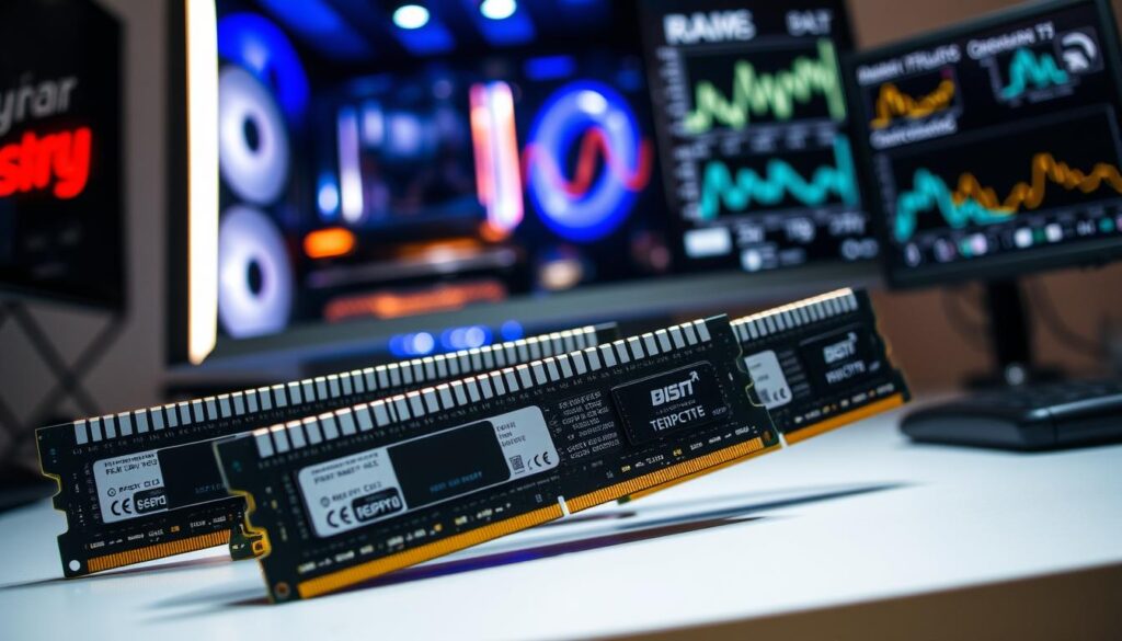 A close-up view of several memory modules arranged dynamically on a sleek, modern desktop workspace. The foreground features high-quality DDR4 RAM sticks, showcasing their metallic heat spreaders and intricate circuitry details, each labeled with specifications like speed and capacity. In the middle ground, a stylish computer tower is partially visible, with LED lights reflecting off its surface, emphasizing the tech-savvy environment. The background displays a blurred monitor with graphs representing RAM performance, enhancing the atmosphere of a high-tech setting. The lighting is bright and focused, creating a clear and analytical mood, while a shallow depth of field accentuates the memory modules as the central subject. The overall feel is professional, clean, and informative, fitting for an educational tech article.