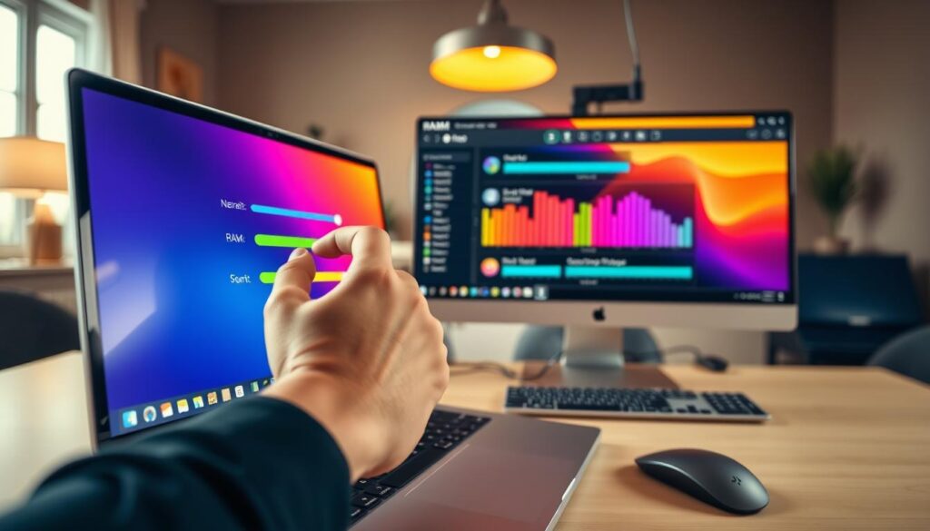 A computer desk setup featuring a modern laptop and a desktop monitor displaying a colorful graphical user interface for RAM allocation. In the foreground, focus on a hand adjusting a colorful sliders on the screen to manage RAM settings, symbolizing precise control. The middle layer shows various applications with their RAM usage depicted as vibrant bars, illustrating the concept of allocation. In the background, a softly lit room with warm lighting creates a professional atmosphere, suggesting an efficient workspace. Use a wide-angle lens effect to emphasize the devices, creating depth. The overall mood is focused and productive, showcasing a tech-savvy environment conducive to enhancing application performance.