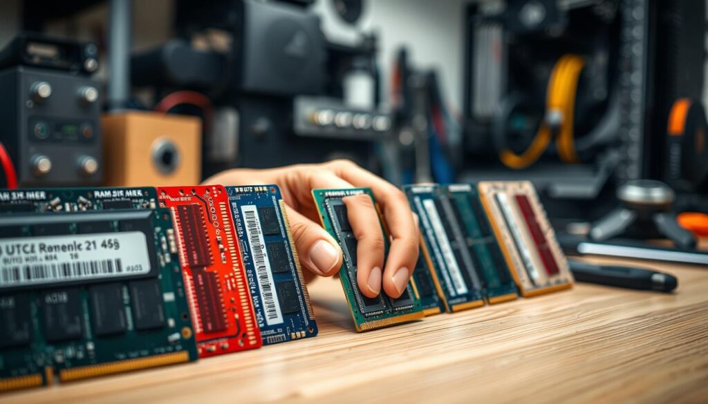 A detailed close-up of a variety of RAM sticks arranged neatly on a wooden workbench. The foreground features several RAM modules in different colors and capacities, showcasing their distinctive circuit designs and branding. In the middle, a hand in a professional attire is gently holding one of the RAM sticks, highlighting the meticulous care taken in selecting memory modules. The background is softly blurred to create depth, with computer components and tools subtly visible, suggesting a technical environment. The lighting is bright but diffused, casting soft shadows that enhance the texture of the RAM sticks. The mood is focused and professional, emphasizing the seriousness of proper memory installation practices. A detailed close-up of a variety of RAM sticks arranged neatly on a wooden workbench. The foreground features several RAM modules in different colors and capacities, showcasing their distinctive circuit designs and branding. In the middle, a hand in a professional attire is gently holding one of the RAM sticks, highlighting the meticulous care taken in selecting memory modules. The background is softly blurred to create depth, with computer components and tools subtly visible, suggesting a technical environment. The lighting is bright but diffused, casting soft shadows that enhance the texture of the RAM sticks. The mood is focused and professional, emphasizing the seriousness of proper memory installation practices.