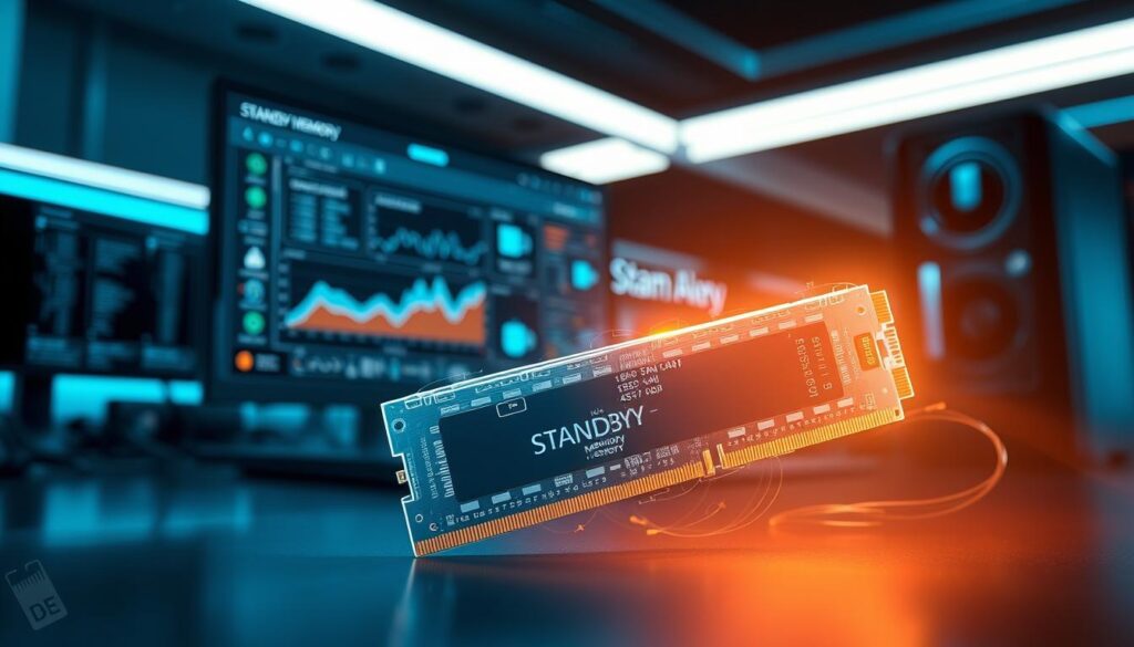 A digital illustration depicting the concept of "standby memory" in a sleek, modern computer setting. In the foreground, visualize a glowing RAM stick, partially transparent, with dynamic data streams flowing in and out, representing standby memory process. In the middle ground, showcase an open software interface displaying memory usage graphs and cache statistics, illuminated by a cool blue backlight to emphasize technology. The background features a blurred out modern workstation with multiple screens, casting soft ambient light, creating a high-tech atmosphere. The mood should be focused and professional, conveying efficiency and system performance. Use a slight upward angle to highlight the RAM stick and interface, capturing an inspirational essence of technology in harmony.