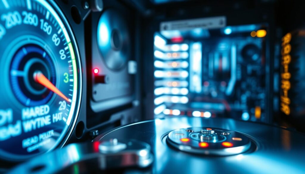 A dynamic visualization of disk performance, featuring a close-up view of a computer's hard drive, with intricate details highlighting its spinning disks and read/write heads in motion. In the foreground, display a digital gauge or monitor showcasing fluctuating performance metrics such as read and write speeds, perhaps with green and red indicators. In the middle ground, include a soft-focus view of a computer case with glowing LED lights, emphasizing a modern and high-performance feel. The background should be a subtle representation of a digital file system, featuring abstract data streams and binary codes to illustrate the concept of file system health. Use cool, clinical lighting to create a tech-savvy atmosphere, captured from a slightly angled perspective to convey depth and motion.