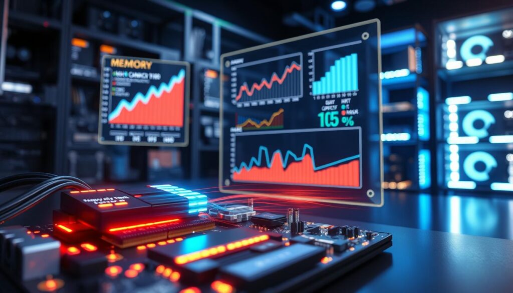 A futuristic and sleek computer laboratory environment, focusing on an abstract representation of memory conversion. In the foreground, a high-tech motherboard with illuminated RAM slots, memory modules, and digital data streams flowing between components, showcasing capacity results in an ethereal, glowing manner. The middle ground features a translucent display screen showcasing graphs and statistics of memory capacity results, with distinct colors to represent different memory types. The background includes blurred shelves filled with computer components and LED lights casting a soft blue and green glow, creating a scientific atmosphere. The overall mood is analytical and innovative, captured through soft lighting and a slight tilt angle that draws the viewer's eye toward the data visualizations. A futuristic and sleek computer laboratory environment, focusing on an abstract representation of memory conversion. In the foreground, a high-tech motherboard with illuminated RAM slots, memory modules, and digital data streams flowing between components, showcasing capacity results in an ethereal, glowing manner. The middle ground features a translucent display screen showcasing graphs and statistics of memory capacity results, with distinct colors to represent different memory types. The background includes blurred shelves filled with computer components and LED lights casting a soft blue and green glow, creating a scientific atmosphere. The overall mood is analytical and innovative, captured through soft lighting and a slight tilt angle that draws the viewer's eye toward the data visualizations.