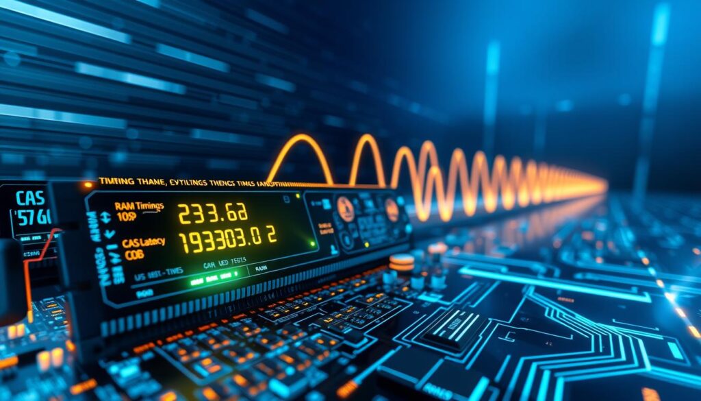 A futuristic visualization of memory clock cycles, highlighting the intricate interactions of RAM timings. In the foreground, a detailed, glowing circuit board with RAM modules prominently displayed, featuring luminous timings and CAS latency values in a sleek digital format. The middle ground should present vibrant, cascading waveforms representing clock cycles, with dynamic lines indicating speed and efficiency. The background can be a gradient of deep blue and black, reminiscent of a digital landscape, softly illuminated by pulsating lights to create a tech-focused atmosphere. Use a wide-angle lens effect for depth, capturing the essence of optimization in a modern computing environment, highlighting clarity and precision in the design. A futuristic visualization of memory clock cycles, highlighting the intricate interactions of RAM timings. In the foreground, a detailed, glowing circuit board with RAM modules prominently displayed, featuring luminous timings and CAS latency values in a sleek digital format. The middle ground should present vibrant, cascading waveforms representing clock cycles, with dynamic lines indicating speed and efficiency. The background can be a gradient of deep blue and black, reminiscent of a digital landscape, softly illuminated by pulsating lights to create a tech-focused atmosphere. Use a wide-angle lens effect for depth, capturing the essence of optimization in a modern computing environment, highlighting clarity and precision in the design.
