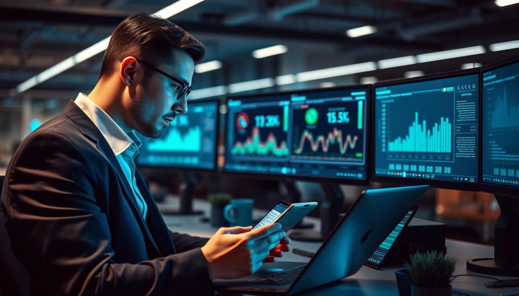 A high-tech workspace featuring a modern computer setup, detailed with multiple monitors displaying memory management software interfaces. In the foreground, a focused individual in professional business attire is analyzing data, with a thoughtful expression while using a sleek laptop and a tablet for quick reference. The background showcases a stylish office space filled with subtle LED lighting that creates a calming, yet focused atmosphere. Soft shadows enhance the tech-driven mood, while the overall color palette blends cool blues and greens, suggesting tranquility and efficiency. The angle captures the individual from a slight side, highlighting both the person’s concentration and the dynamic display of memory metrics on the screens. The image radiates professionalism and technological sophistication, perfectly embodying advanced memory management methods.