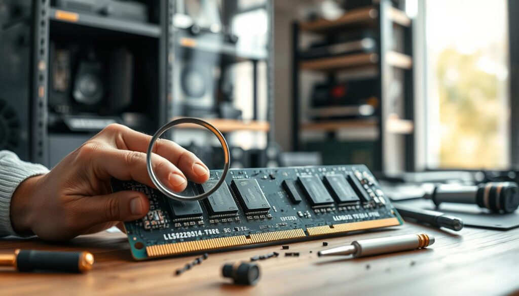 A modern, close-up depiction of a computer's RAM module lying on a workbench, showcasing visible physical signs of damage like burnt circuits and corroded connectors. In the foreground, include a pair of professional hands delicately inspecting the RAM with a magnifying glass to emphasize the diagnostic aspect. The middle ground features scattered tools like a screwdriver and a static-free mat, implying a technical environment. The background is softly blurred, showing shelves filled with computer components illuminated by bright, natural light filtering through a nearby window. The overall atmosphere should convey a sense of urgency and professionalism, highlighting the importance of identifying hardware issues.