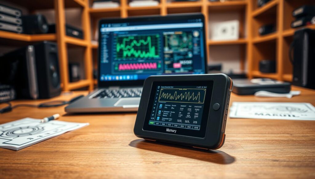 A sleek memory diagnostic tool displayed prominently on a wooden desk, with circuit diagrams and technical specifications subtly visible in the background. The tool, a modern handheld device with a digital screen showing memory statistics and graphs, is positioned at the forefront, casting a soft shadow. In the middle ground, a laptop with diagnostic software open on the screen hints at advanced testing capabilities. The background includes blurred shelves filled with computer components, giving a high-tech atmosphere. The lighting should be bright yet soft, highlighting the device while providing a warm ambiance. The angle is a slightly elevated perspective, creating depth and drawing the viewer into the technical world of hardware diagnostics. The mood is focused and professional, emphasizing the importance of accurate testing.