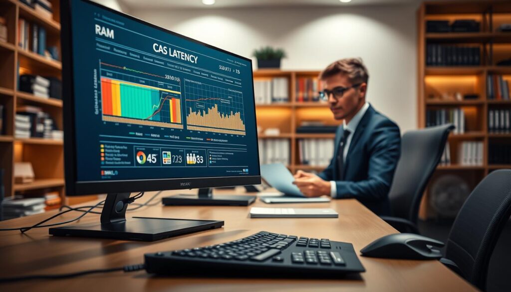 A sleek, modern workspace featuring an elegant desktop setup. In the foreground, a high-definition monitor displays an intricate, colorful infographic illustrating CAS latency, with precise timings and graphical representations of memory pathways. A stylish keyboard and mouse complement the setup, highlighting the technical aspect of RAM usage. In the middle ground, a professional-looking individual in business attire is analyzing the data, with focused expressions on their face. The background includes shelves filled with technical books and a soft-lit ambiance for a warm, inviting feel. Soft, diffused lighting emphasizes the clarity of the infographic, creating an atmosphere of innovation and understanding in technology. The perspective should be slightly angled to capture both the individual and the monitor prominently. A sleek, modern workspace featuring an elegant desktop setup. In the foreground, a high-definition monitor displays an intricate, colorful infographic illustrating CAS latency, with precise timings and graphical representations of memory pathways. A stylish keyboard and mouse complement the setup, highlighting the technical aspect of RAM usage. In the middle ground, a professional-looking individual in business attire is analyzing the data, with focused expressions on their face. The background includes shelves filled with technical books and a soft-lit ambiance for a warm, inviting feel. Soft, diffused lighting emphasizes the clarity of the infographic, creating an atmosphere of innovation and understanding in technology. The perspective should be slightly angled to capture both the individual and the monitor prominently.