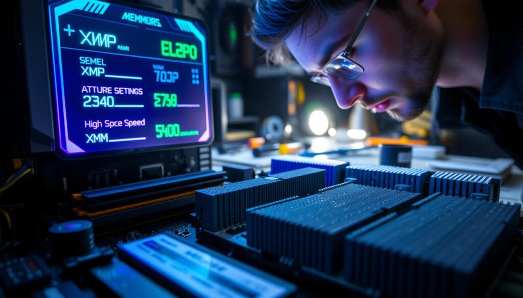 An intricate close-up view of a computer motherboard displaying vibrant memory settings, with detailed XMP and EXPO profile icons glowing in electric blue and green. In the foreground, a skilled technician in a professional attire is adjusting the memory modules, focusing intently on optimizing performance. The middle ground features an array of high-speed RAM sticks, with labels and heat spreaders clearly visible, reflecting sleek, modern design aesthetics. In the background, a softly lit workbench cluttered with tools and computer components creates a tech-savvy atmosphere. The scene is illuminated with cool, focused lighting, enhancing the metallic textures and colors of the hardware, while emphasizing the importance of maximizing RAM speed. The overall mood is one of precision and professionalism, capturing the essence of technology and engineering brilliance.