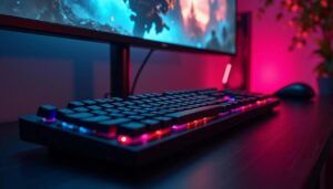 ai generated, gaming, keyboard, rgb, backlighting, computer, technology, mechanical keyboard, setup, workstation, dark, vibrant, lighting, monitor, immersive, gaming setup