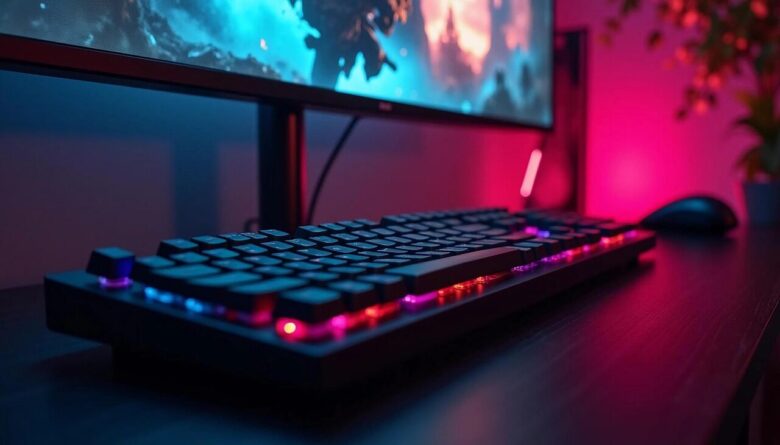 ai generated, gaming, keyboard, rgb, backlighting, computer, technology, mechanical keyboard, setup, workstation, dark, vibrant, lighting, monitor, immersive, gaming setup